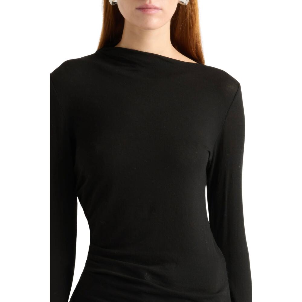 Modern Citizen Vittoria Asymmetric Neck Ruched Semi-Sheer Long Sleeve Tee Black - Picture 12 of 15